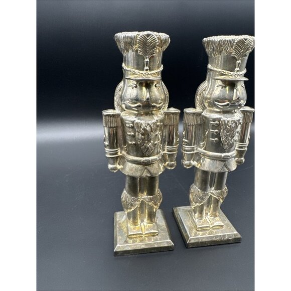 Silver Plate Nutcracker Soldier Candle Holder Set Mantle Holiday Christmas Decor - Picture 5 of 16